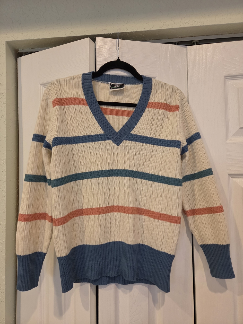 Vintage 80s V-neck Sweater in Cream with Blue Trim and Coral & Teal Stripes